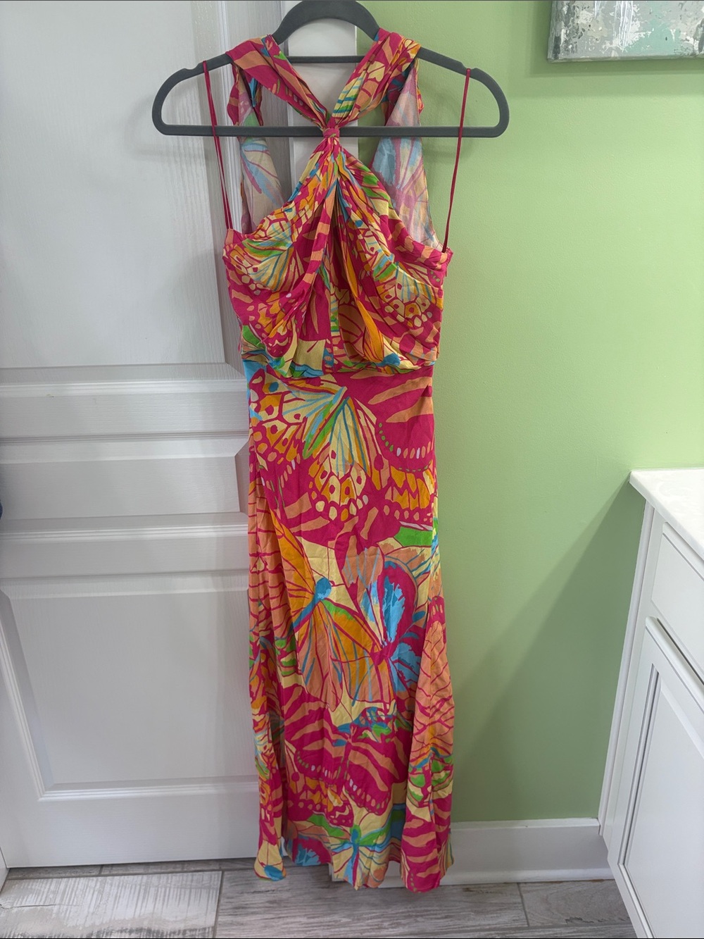 Bright Pink & Multicolor Printed Halter Maxi Dress